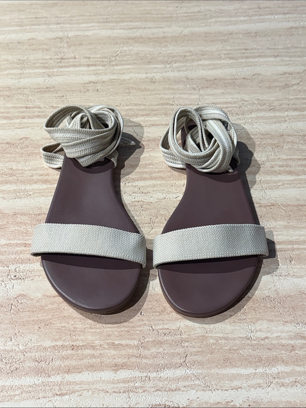 Rothy's Cream Strap Brown Footbed Ankle-Tie Sandals